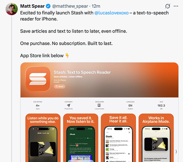 Tweet by Matt Spear announcing the launch of Stash, a text-to-speech reader iPhone app, with an attached image from the App Store showcasing the app features and details.