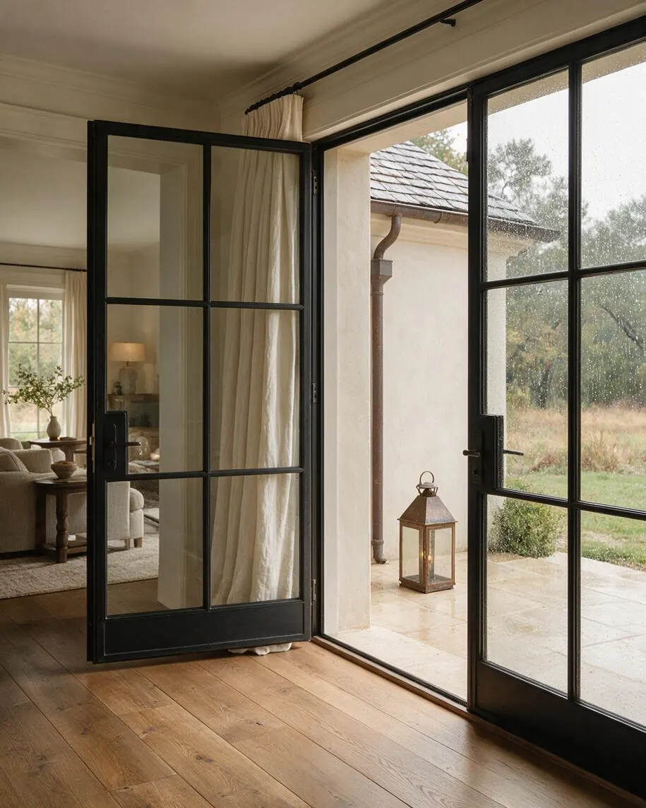 A transitional living space with black steel-framed French doors opening to a pale stone patio. Inside, warm oak flooring, cream curtains, and a neutral seating area create a soft contrast to the dark window mullions and the lantern outside.