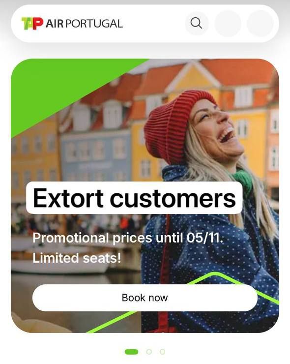 A promotional advertisement for TAP Air Portugal featuring a smiling woman against a colorful backdrop.