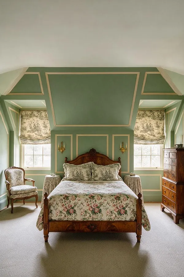A traditional guest bedroom with a carved wooden bed centered beneath a steeply sloped ceiling, dressed in floral bedding and matching pillows. Sage green walls with cream trim frame two windows with patterned roman shades, while a vintage armchair and wooden dresser complete the symmetrical, classic layout.