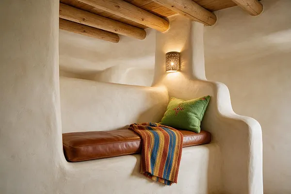 A Southwestern-style adobe alcove with smooth plaster walls and a built-in bench topped with a brown leather cushion. A green embroidered pillow and a striped woven throw add color beneath rustic wood ceiling beams and a small perforated wall sconce.