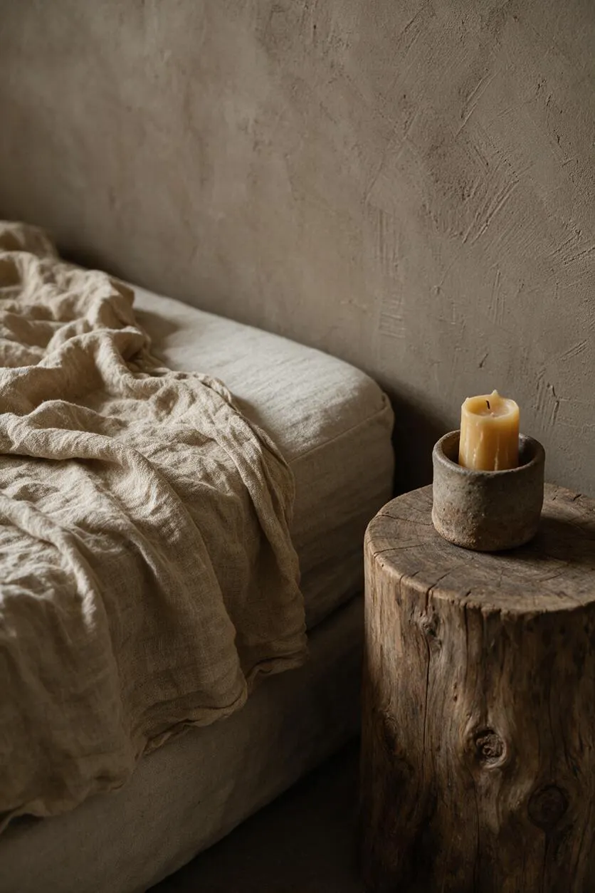 A quiet Wabi-Sabi bedroom vignette with a low upholstered bed dressed in rumpled beige linen beside a raw wood stump side table. A small candle in a rustic stone holder sits on top, set against a textured taupe plaster wall.