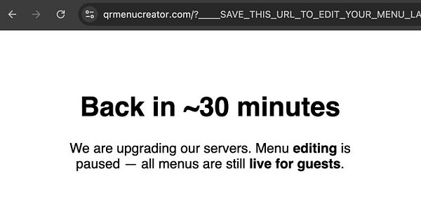 Dashboard showing QRMenuCreator.com management interface with tabs for menus, pages, users, and site details.