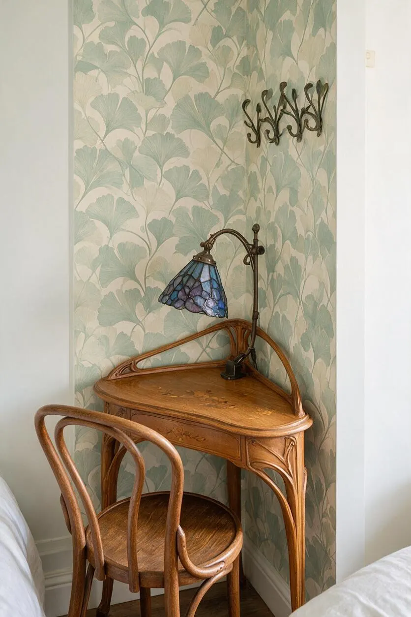 A small home office nook in an Art Nouveau style, featuring a carved wooden corner desk and matching bentwood chair beneath a stained-glass desk lamp. The alcove walls are covered in pale green ginkgo-leaf wallpaper, with dark decorative wall hooks above and soft natural light illuminating the space.
