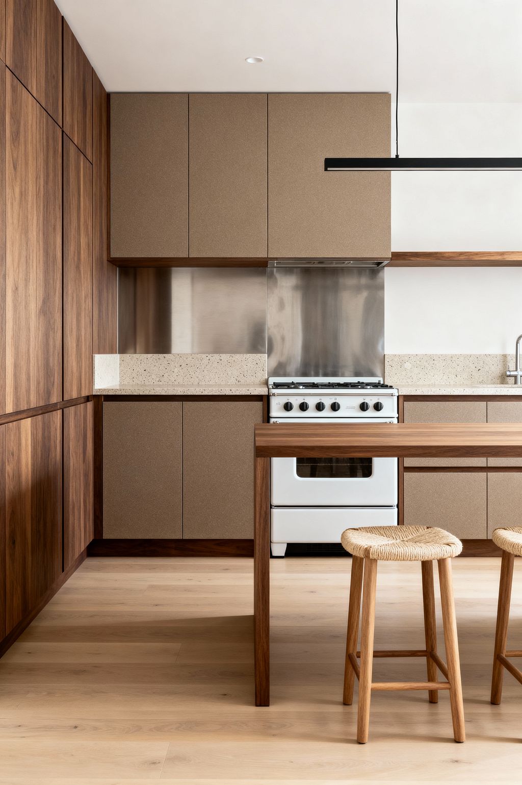 A minimalist Scandinavian kitchen with flat-front taupe cabinets, vertical-grain walnut panels, and a light speckled terrazzo countertop with a short backsplash. A white freestanding gas range sits beneath concealed uppers, backed by a stainless-steel splash. A slim walnut island pairs with two light wood stools with woven seats on pale oak floors, while a black linear pendant and an open walnut shelf keep the space clean and uncluttered.
