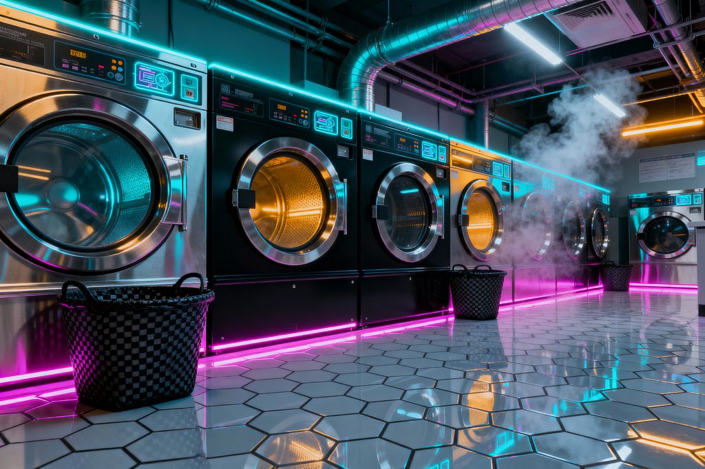 An industrial laundromat shows a long row of front-loading machines with black fronts and stainless steel circular doors, illuminated by cyan and magenta LED strips along the top and base. Glossy white hexagonal floor tiles reflect the neon while steam rises from one unit; exposed metal ductwork, pipes, and fluorescent ceiling lights structure the space, with black checkered laundry baskets placed along the aisle.