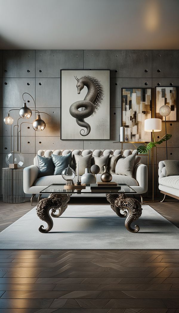 A luxury living room with a beautifully designed bench featuring curule legs as the centerpiece, surrounded by modern furniture.