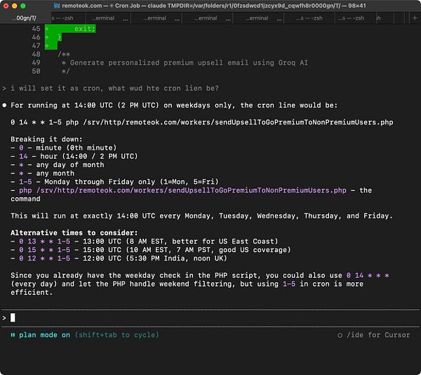 The image displays a terminal window showing a cron job configuration for sending emails at specific times.