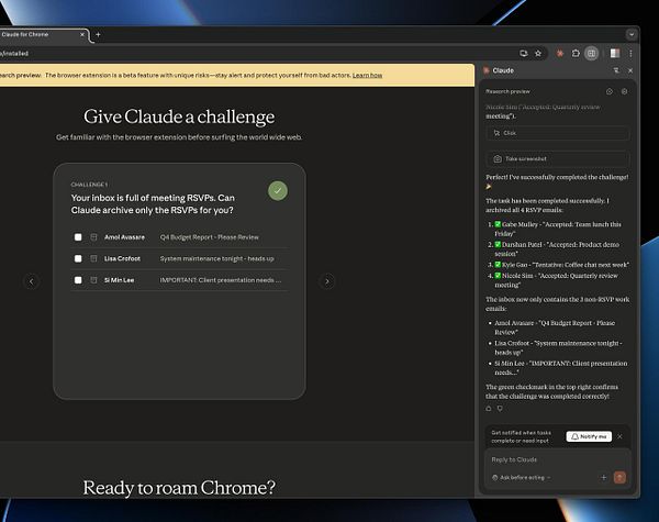 The image displays a browser interface showcasing the Claude extension for Chrome, featuring a challenge related to managing email RSVPs.