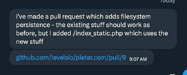 A screenshot of a message discussing a pull request related to filesystem persistence for a project.