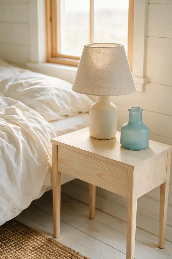 A bright coastal bedroom vignette with an unmade bed dressed in white linens beside a light wood nightstand. The nightstand holds a simple ceramic lamp with a linen shade and a small sea-glass blue bottle, with soft daylight filtering through a wood-trimmed window.