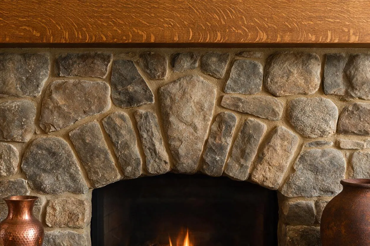 A close view of a Craftsman-style fireplace surrounded by irregular natural stone in earthy grays and browns, with a warm stained wood mantel above. The dark firebox sits below the arch of stone, and hammered copper vases add a metallic accent at the lower edges of the scene.