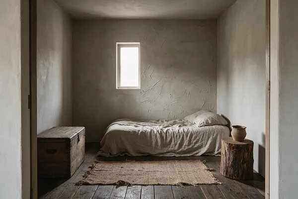 A small guest bedroom with textured plaster walls, a narrow vertical window, and a low bed dressed in soft beige linen. The room includes a rustic wooden chest on the left, a log-style side table with a clay vessel on the right, and a woven jute rug on dark wood plank flooring.