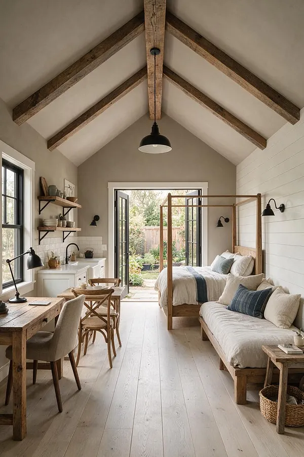A narrow farmhouse-style backyard room with vaulted ceilings and exposed wood beams opens to a garden through black-framed French doors. Inside are a wooden canopy bed, a linen sofa, a rustic desk, open shelves, and white shiplap walls, all in soft neutral tones with black metal lighting accents.