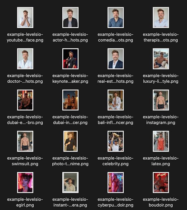 The image displays a grid of thumbnail previews for various example output images related to a photo application.