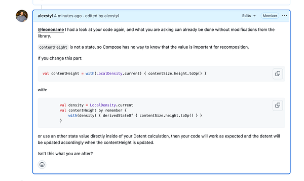 A code discussion in a collaborative platform regarding state management in Compose.