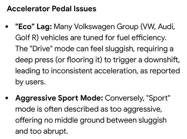 Graph depicting vehicle speed response showing ECO lag delay in Volkswagen car pedals.