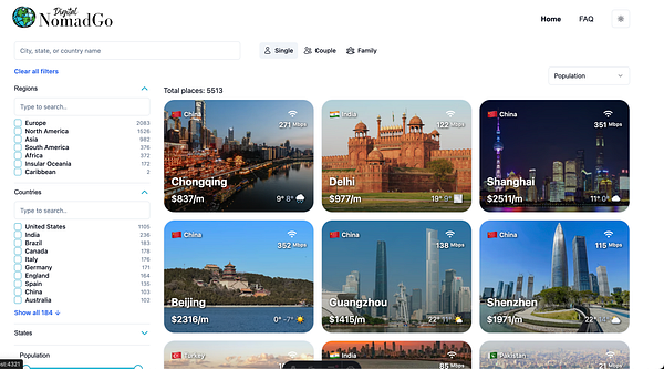 The image displays a web interface for Digital NomadGo, showcasing various cities with their respective internet speeds and costs.