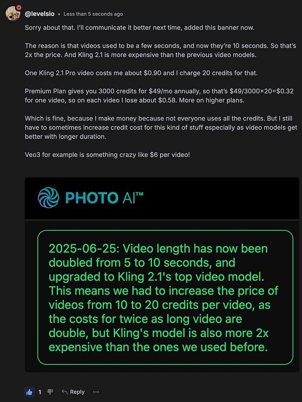 A message detailing changes in video credit costs due to increased video length and model upgrades.