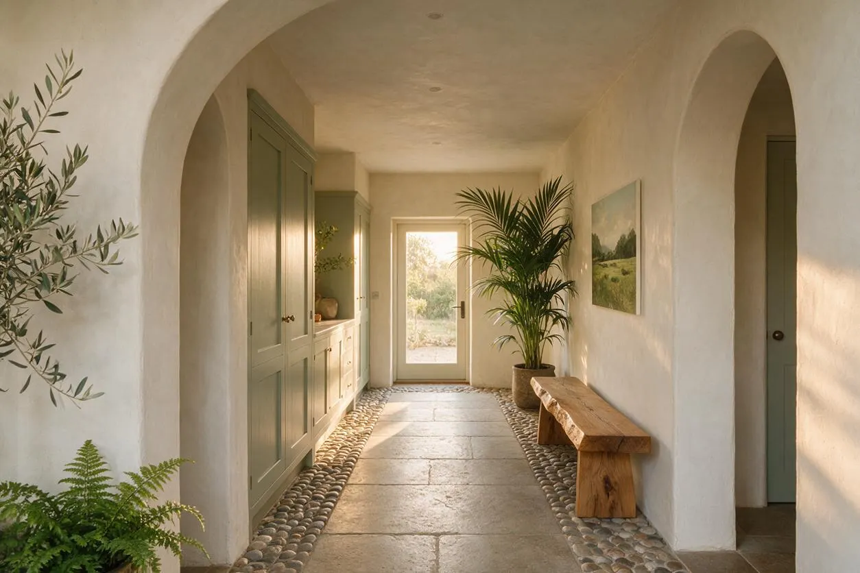 A warm, sunlit entryway with curved arches, pale plaster walls, and muted sage built-in cabinetry. A natural wood bench, pebble border flooring, and several potted and wall-framed plants bring a calm biophilic feel, with soft daylight entering through the glass door at the end of the hall.