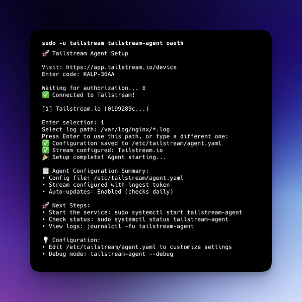 A terminal window displaying the setup process for the Tailstream Agent with OAuth authentication.