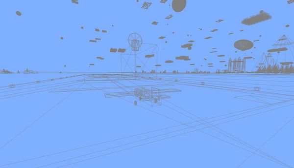 A wireframe representation of a 3D environment designed for flight simulation.