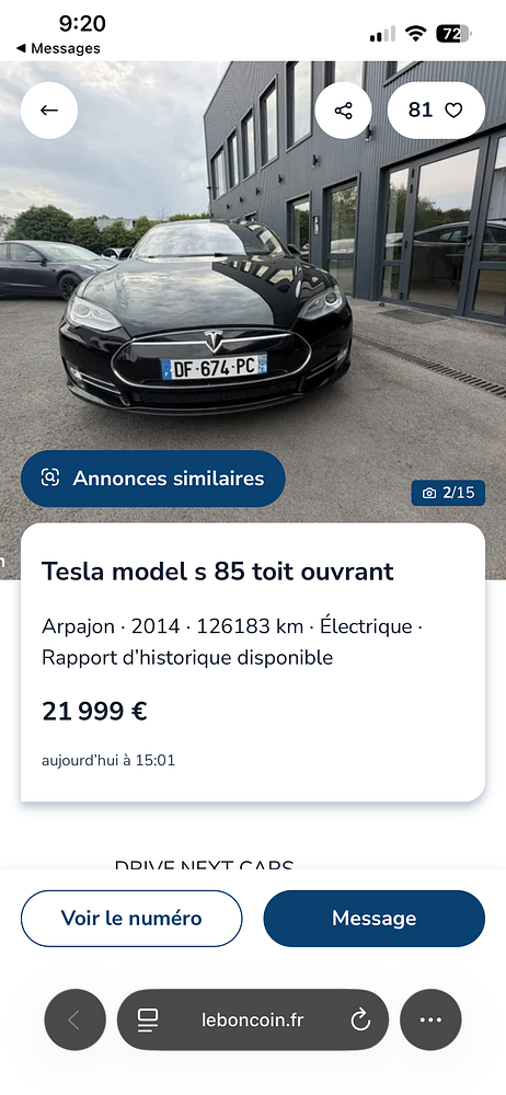 Screenshot of an online car listing for a 2017 Tesla Model S 100D with details and pricing.