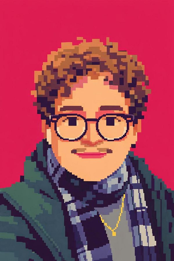 Portrait of a smiling man with a dark background, featuring stylized pixel effects added around his face and hair.