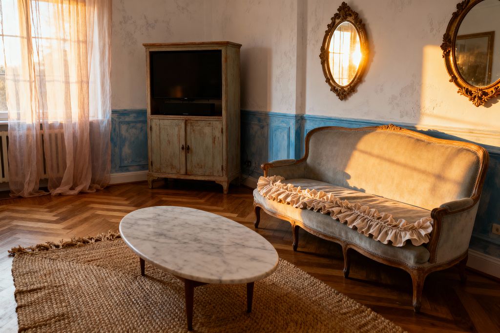 A sunlit media room features a vintage French-style sofa upholstered in faded blue-green velvet with a ruffled linen seat cover. An oval white marble coffee table sits on a chunky jute rug over herringbone wood floors, facing a distressed pale green TV cabinet. Two ornate oval gold-framed mirrors hang above powder blue wainscoting and mottled white plaster walls, while sheer blush curtains soften the window light.