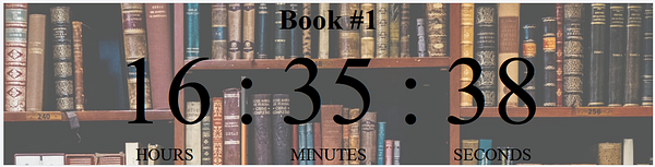 A countdown timer for a task related to a book project is displayed over a background of bookshelves.