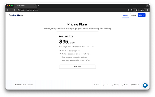 The image displays a pricing page for FeedbackFace featuring a single subscription plan.