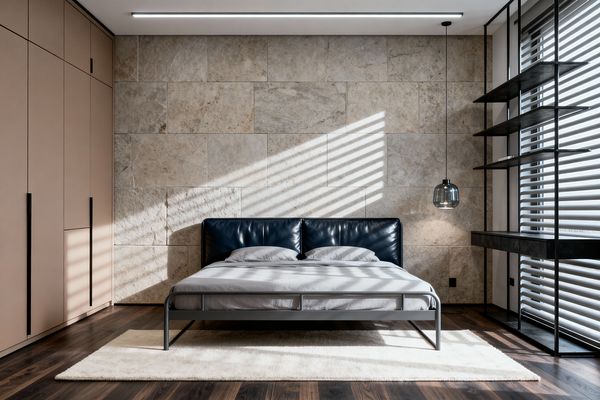 A modern bedroom features a low metal bed with a navy leather headboard centered on a cream rug in front of a wall clad in large beige stone tiles. On the left are flat taupe wardrobes with tall black pulls; on the right, a black steel shelving unit and a smoked-glass pendant sit beside a window with horizontal blinds casting sunlit stripes across dark walnut flooring.