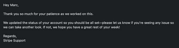 A message from Stripe Support addressing a user named Marc regarding the status of his account.