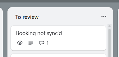 A Trello card titled 'Booking not sync'd' is displayed in a task management interface.