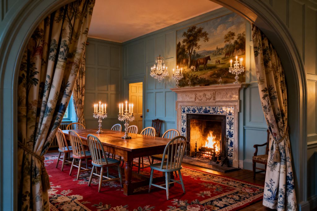 Through an arched opening with floral drapes, a traditional dining room shows powder-blue paneled walls, a long wooden table with painted Windsor chairs on a deep red floral rug, and a roaring fireplace framed by blue-and-white tiles with a carved stone mantel and pastoral artwork above. Crystal chandeliers and candelabras cast warm candlelight, creating a formal, inviting atmosphere.