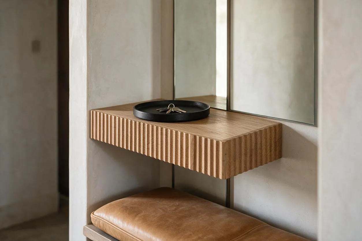 A modern entryway vignette with a floating fluted oak shelf mounted against a light neutral wall, topped with a black tray holding keys. A rectangular mirror reflects the pale interior, and a tan leather bench cushion sits below, adding warmth and texture.
