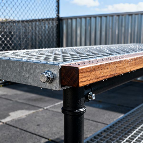 Close-up of an industrial-style outdoor bench on a patio, featuring a galvanized steel grating top framed with a warm hardwood edge and supported by black powder-coated pipe legs. Water droplets glisten on the metal and wood surfaces, with chain-link and corrugated metal railings and large gray pavers in the background under a bright sky.