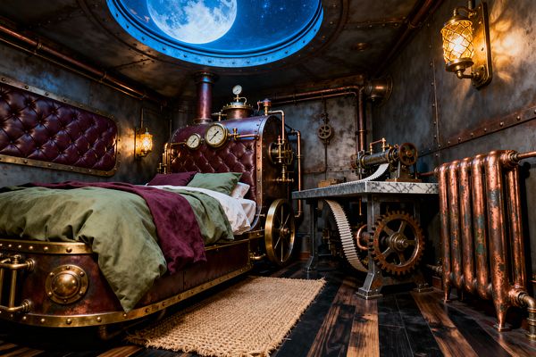 A whimsical steampunk children’s bedroom with a boiler-like bed clad in tufted burgundy leather and brass rivets, topped with gauges and a wheel at the foot. Patinated copper pipes and riveted metal panels line the walls, lit by cage-style sconces. A gear-driven workstation with a veined marble top stands beside a vintage copper radiator. A round skylight shows a bright moon above dark wood flooring and a jute rug.