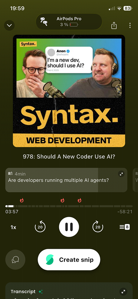 Screenshot of a podcast episode titled 'New Syntax' with episode #33 focused on SaaS makers, featuring a play button and podcast controls.