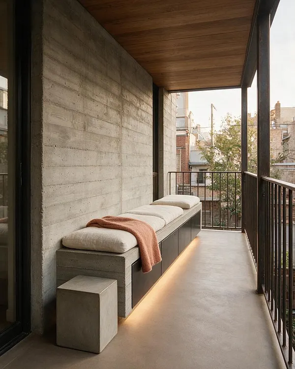 A narrow front porch features raw concrete walls, a long built-in bench with cream cushions, and a rust-colored throw. Dark metal railings frame the space, while a warm wood ceiling and soft under-bench lighting add contrast to the otherwise rugged, minimalist design.