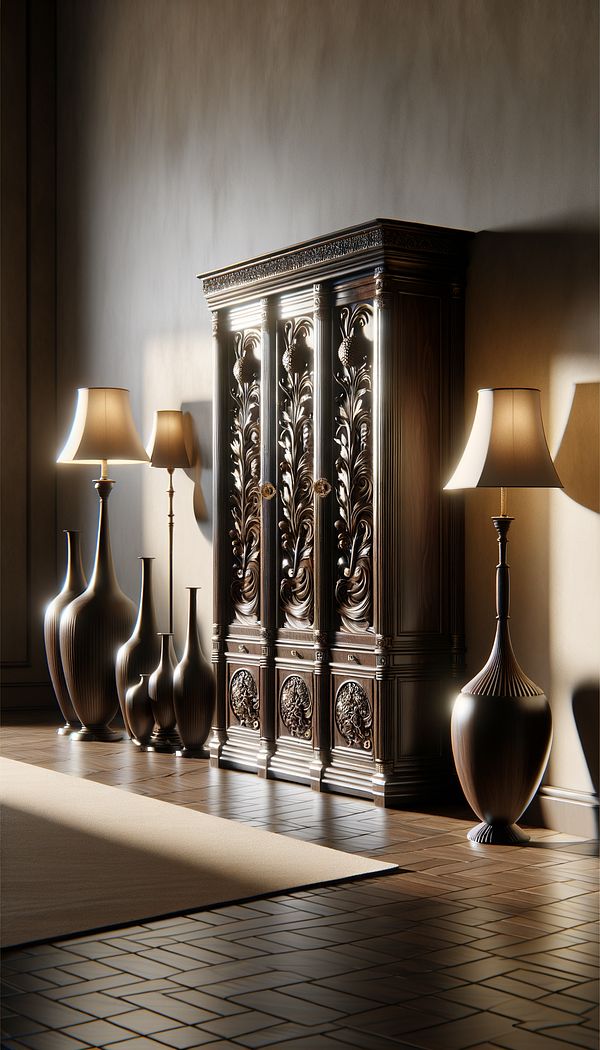 A slender, tall huntboard with a dark wood finish, styled with elegant table lamps and decorative vases on top, positioned against a neutral-colored wall in a well-lit room.