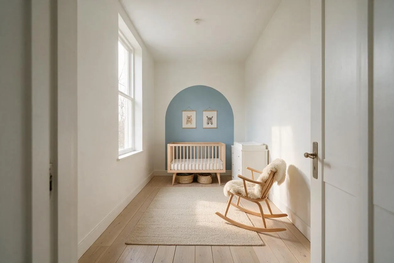 A bright Scandinavian-style nursery with white walls, a pale wood crib centered against a blue arched accent wall, and two framed animal prints above it. A natural wood rocking chair with a sheepskin cushion sits on a light rug, while a white dresser and woven baskets add storage and texture.