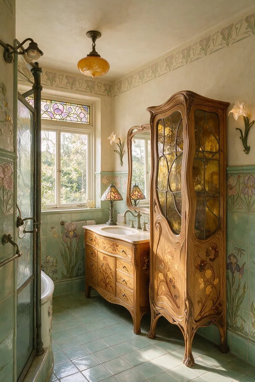A vintage-inspired master bathroom with a carved wooden vanity and matching tall cabinet featuring amber stained glass and floral inlays. The room has mint-green tile wainscoting, botanical wall borders, a stained-glass window, and warm natural light.