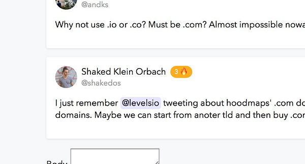 A digital conversation discussing domain names featuring @mentions.