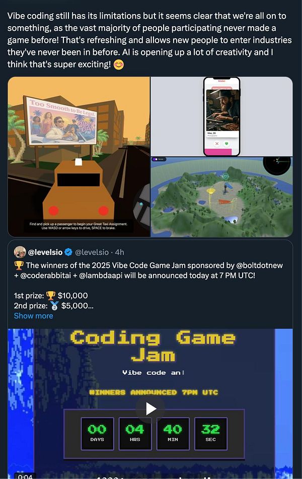 The image features a social media post announcing the winners of the 2025 Vibe Coding Game Jam, showcasing various game elements and a countdown timer.