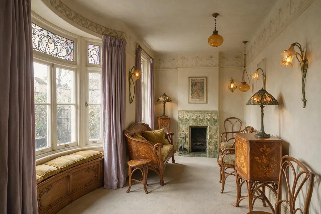 A softly lit Art Nouveau living room with a curved bay window, lavender curtains, carved wooden chairs, and a built-in window bench with cushioned seating. The room features a tiled fireplace, floral stained-glass accents, amber pendant lights, and decorative wall sconces in warm brass tones.