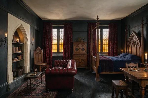 A Gothic-style studio apartment with dark painted walls, pointed arch details, and a carved wood four-poster bed with deep blue bedding. Burgundy velvet curtains frame leaded-glass windows, while a burgundy leather sofa, antique wood cabinet, and candle sconces add a dramatic medieval atmosphere.