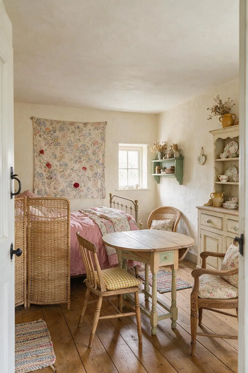 A small studio apartment styled in cottagecore design with a pink bed, wicker chairs, a round wooden table, and distressed painted storage. Floral textiles, dried flowers, and ceramic dishware add a soft, handmade feel, while cream plaster walls and wide wood floorboards create a warm rustic atmosphere.