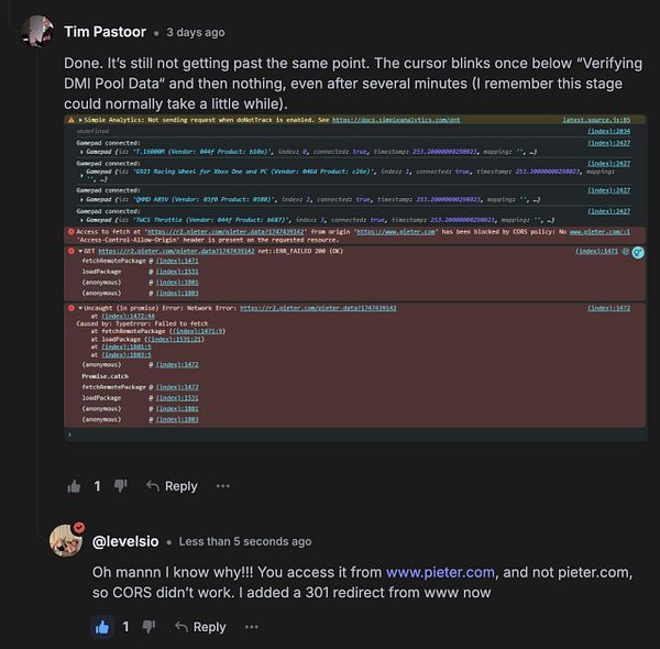 A discussion about a CORS issue related to accessing a website, featuring error messages and user comments.
