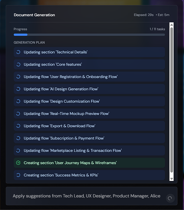 The image displays a task management interface for document generation with a progress tracker and a list of tasks.